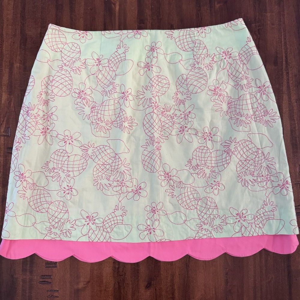 VTG Lilly Pulitzer Skirt Pink Pineapple Floral Embroidery Scalloped Hem Size 10